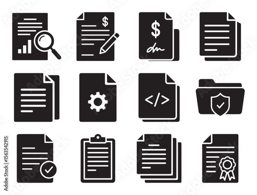 Documents and files solid glyph icon set for paperwork and report showing various designs for data storage contract and certificate vector symbols