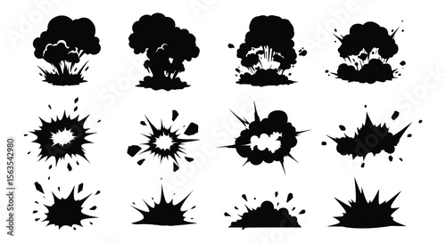 Dynamic Black Silhouette Explosion & Blast Vector Set - Cartoon Comic Effect, Burst, Boom, Cloud, Destruction, Impact, Firework Design Elements