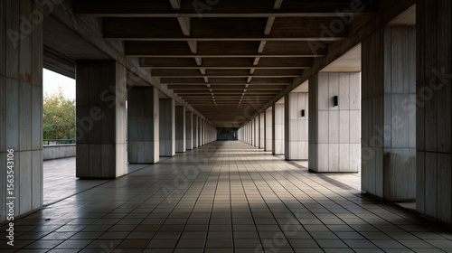 Covered portico corridor with repetitive columns and warm morning light, austere minimalist architecture evoking urban solitude photo