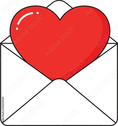 A red heart nestled inside a white envelope, symbolizing love and affection delivered through correspondence.