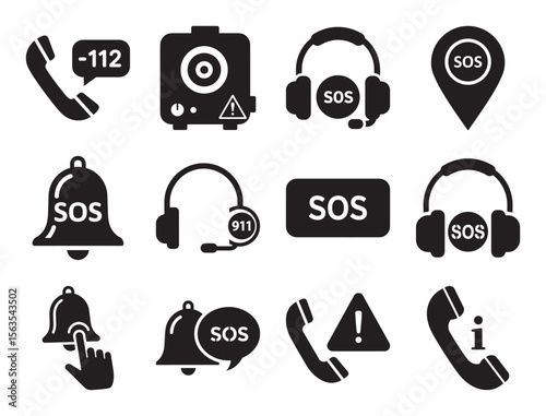 Emergency calls and SOS solid glyph icon set for distress and alert showing phone bell and other symbols for urgent help and communication vector