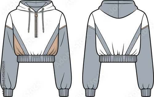 Front, back, view, color, block, cropped, hoodie, with, zipper, ribbed, hem, drawstring, hood, technical, flat, vector, cad, fashion, sketch, template