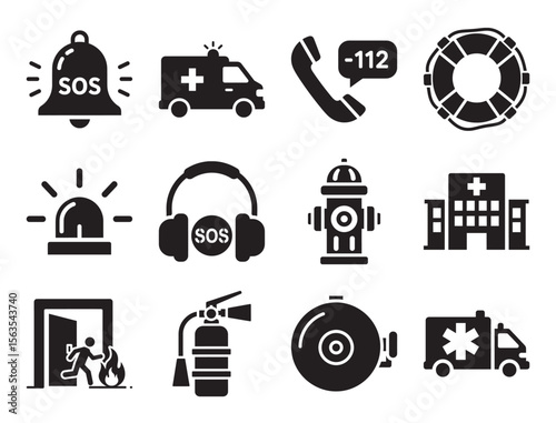 Emergency services and public safety solid icon set for alert and rescue showing ambulance fire hydrant and other symbols for first responder assistance