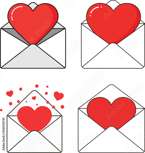 Four stylized envelopes, each containing a red heart, depicting different stages of sending or receiving a love letter.