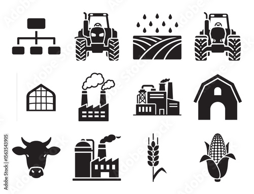 Farming and agriculture solid glyph icon set for rural industry and cultivation showing tractor barn and other symbols for food production and livestock