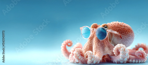 Fototapeta Naklejka Na Ścianę i Meble -  Funny pink octopus in round glasses on blue background with empty copy space for text. Humorous summer beach concept with sea animals