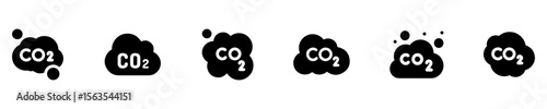 CO2 emission flat icon vector set. CO2 symbol. Reduce co2 gas icon set. Carbon reduction cloud sign. CO2 icons. Vector illustration. 