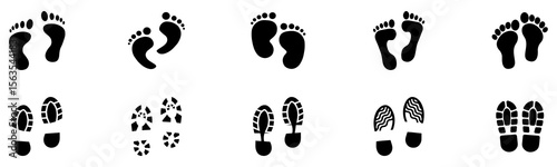 Set of human footprints icon. Foot imprint, footsteps icon collection. Human footprints silhouette. Barefoot, sneaker and shoes footstep icons. Vector Illustration.