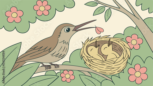 : Hummingbird Mother Feeding Tiny Chicks in a Flower Nest