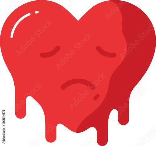 A red heart shaped emoticon, melting and appearing sad.
