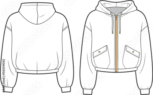 Hoodie, technical, flat, sketch, vector, front, back, pocket, flap, zip, up, cropped, drawstring, casual, design, cad, drawing, template, apparel, fashion