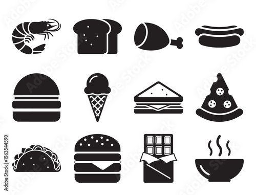 Food and restaurant solid glyph icon set for dining and cooking showing burger shrimp and other symbols for cafe and culinary menu vector elements