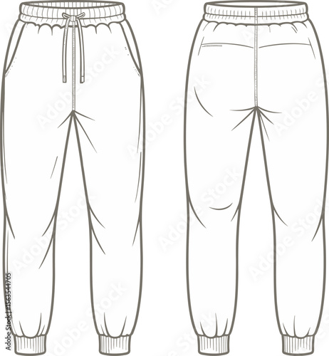 Relaxed, jogger, pants, technical, flat, vector, front, back, CAD, fashion, drawing, elastic, waistband, drawstring, pocket, cuff, hem, casual, comfortable, stylish, illustration