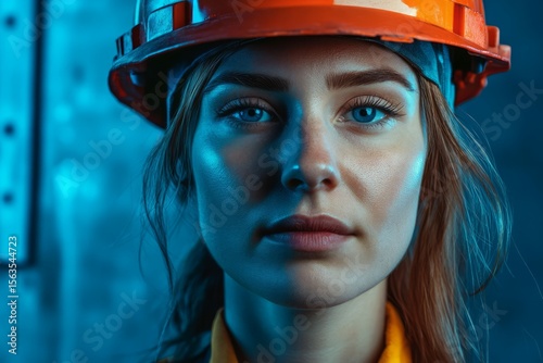 Female construction worker with orange helmet, blue background. Neural network AI generated
