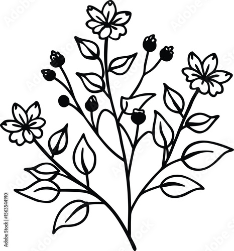 Elegant floral bouquet illustration with delicate flowers leaves and berries in black outline