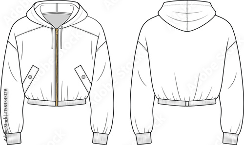 Hoodie, zip, up, cropped, pocket, flap, front, back, technical, drawing, flat, vector, sketch, cad, design, fashion, template, detailed, line, illustration