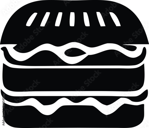 Stylized black and white illustration of a classic hamburger with sesame seed bun and layered ingredients