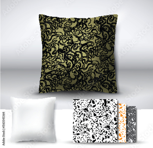 Set of realistic 3d throw pillows with seamless pattern samples. Apartment interior design element. Cushion isolated on a gray background.