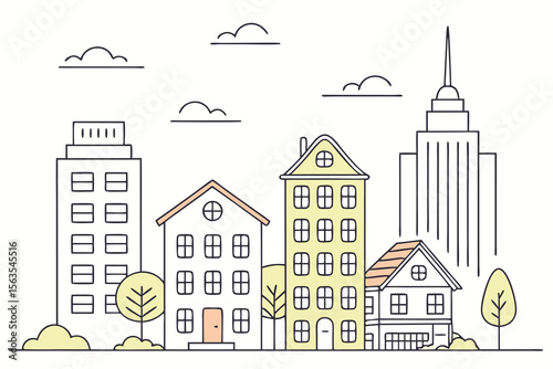 Simple Line Art Cityscape with Buildings and Trees