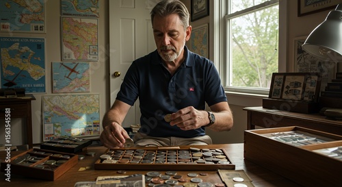 A man meticulously examines a collection of vintage coins, surrounded by antique maps and meticulously organized storage boxes in a dimly lit room.