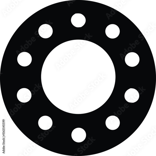 A stylized black circular ring with evenly spaced white circular perforations against a white background