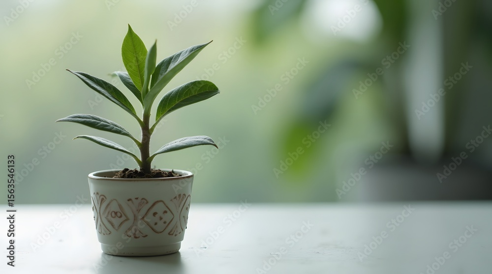 Obraz premium A small, healthy houseplant in a decorative pot sits on a table. A concept for indoor gardening, home decor, and creating a calm, green living space.