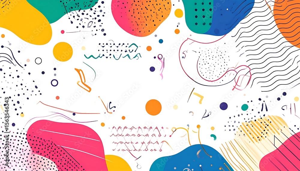 Fototapeta premium Colorful abstract shapes with various textures and patterns on a white background.