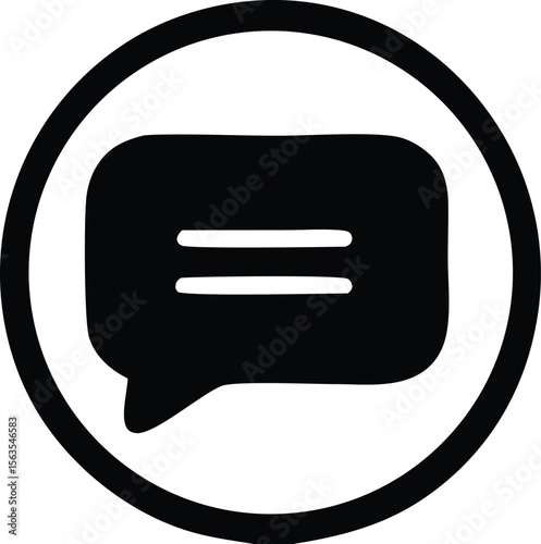 Simple black speech bubble icon with two horizontal lines inside enclosed within a thick black circle outline on a white background