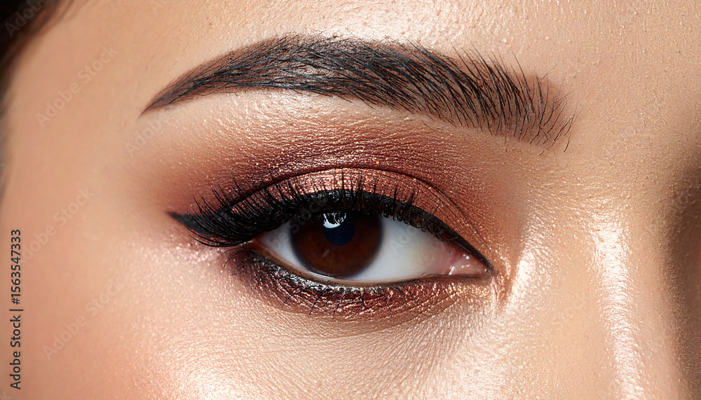 Fototapeta premium Models eye with shimmering metallic shadow and winged eyeliner. Beauty detail shot.