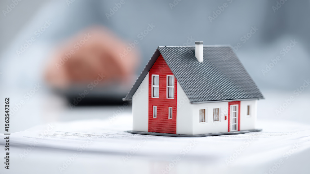 Property Investment: A Miniature House stands on a financial document, a visual metaphor for the world of property investment, representing dreams, homeownership. Property Investment: A Miniature House stands on a financial document, a visual metaphor for the world of property investment, representing dreams, homeownership.