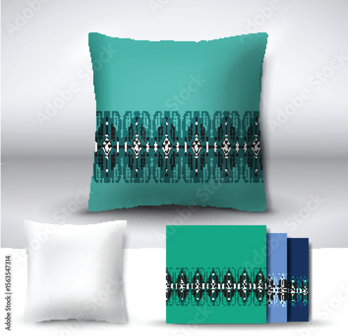 Set of realistic 3d throw pillows with seamless pattern samples. Apartment interior design element. Cushion isolated on a gray background.