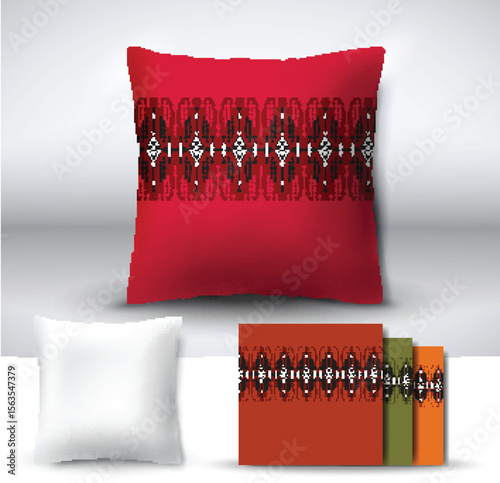 Set of realistic 3d throw pillows with seamless pattern samples. Apartment interior design element. Cushion isolated on a gray background.
