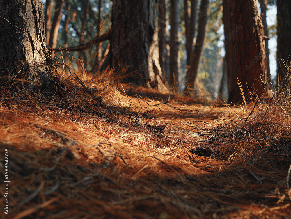 Fototapeta premium Pine Forest with Fallen Needles and Patchy Sunlight Filtering Through Branches