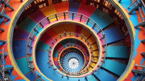 Abstract circular interior design of multicolored spiral stairwell in urban building.
