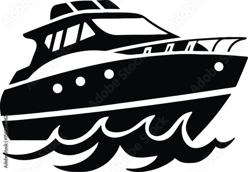 Black silhouette of a modern yacht sailing on the waves