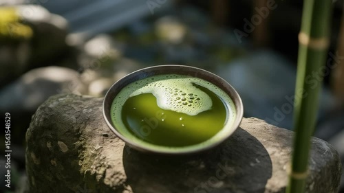 Matcha tea preparation in a serene outdoor setting