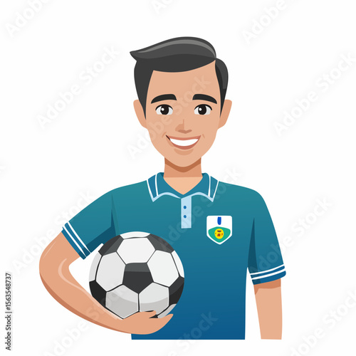 Soccer Coach: A confident coach in a sporty outfit, clutching a soccer ball, beams with assured energy, representing the essence of coaching prowess and guidance.