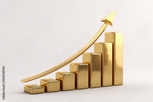 Golden bar chart with arrow, financial growth and success concept