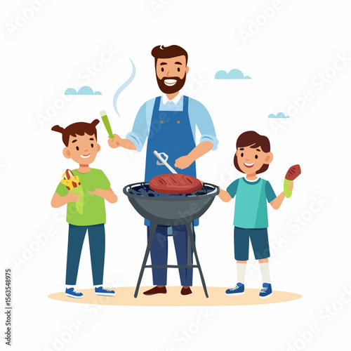 Family Barbecue Time: A cheerful father and his two children are gathered around a grill, filled with the warmth of family and the aroma of a summer feast.