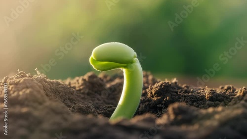 Seed germination process in soil during early morning sunlight
