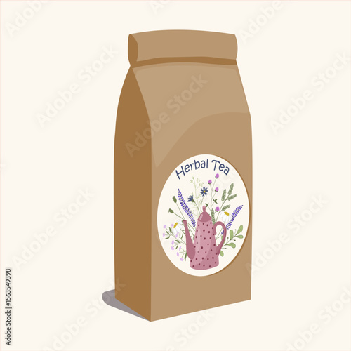 Cartoon vector illustration mockup of a herbal tea pack