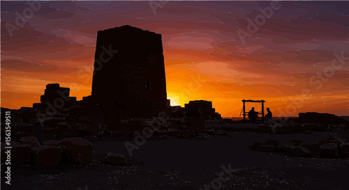 Silhouette of a tower with ruins and figures against a vibrant sunset sky landscape image view scene