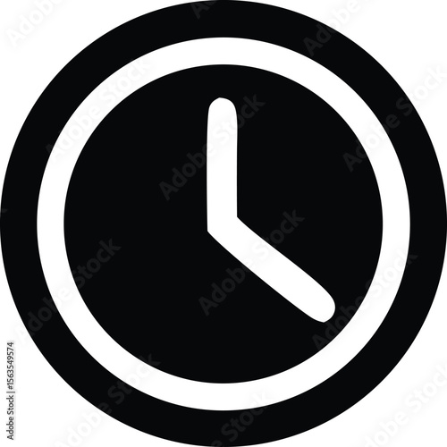 A simple black and white icon of a clock with hands indicating a time past the hour