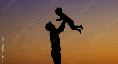 Silhouette of a father lifting his child into the air against a colorful sunset background scene view