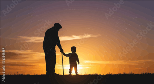 Silhouette of adult and child holding a stick together against a sunset sky background on a hill
