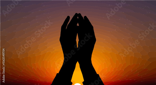 Silhouette of praying hands against a sunset with a web like texture in the background art design