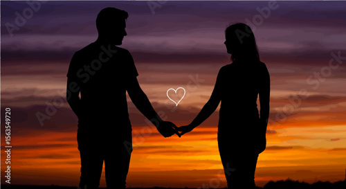 Silhouette of a couple holding hands against a sunset sky with a heart symbol floating between them