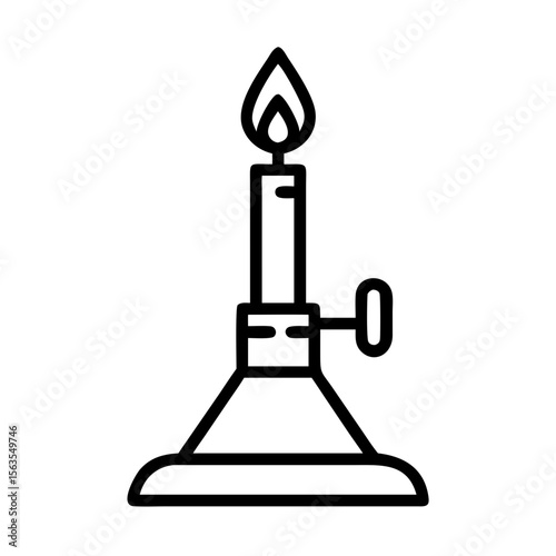 Lab burner with adjustable flame for chemistry experiments. Bunsen burner illustration shows gas burner with flame for scientific research and education.