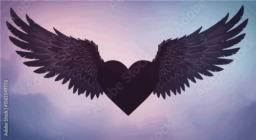A heart with dark feathered wings against a soft cloudy sky with a blend of blue and purple hues
