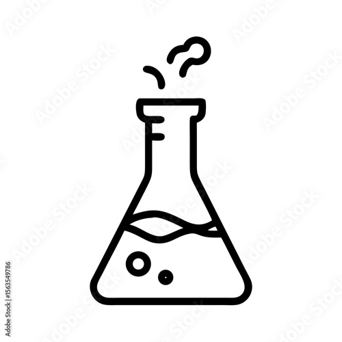 Chemical reaction in flask. Experiment in science lab. Erlenmeyer flask with bubbling liquid shows chemical reaction process. Illustration for science education, chemistry textbook, or lab report.